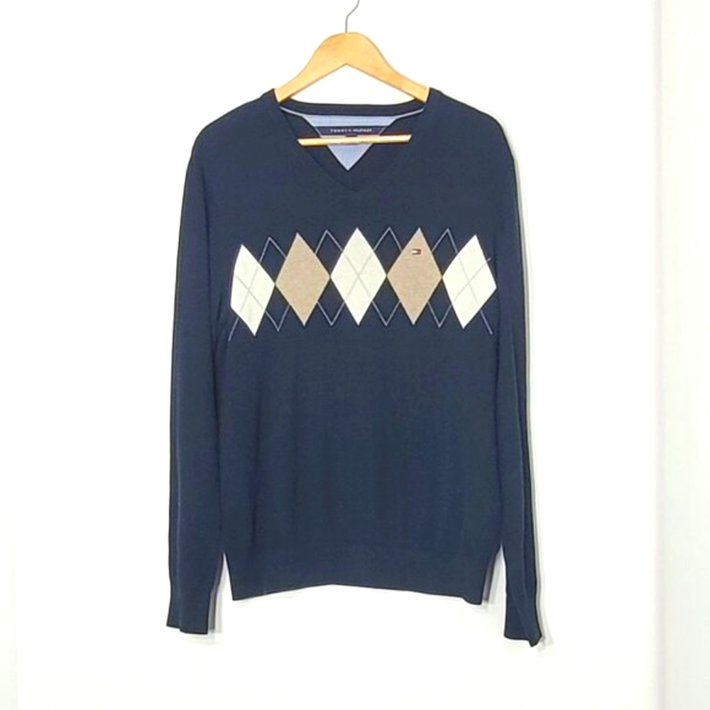 🛍️ Tommy Hilfiger Mens Black White 100% Cotton Blend V-Neck Pullover Sweater